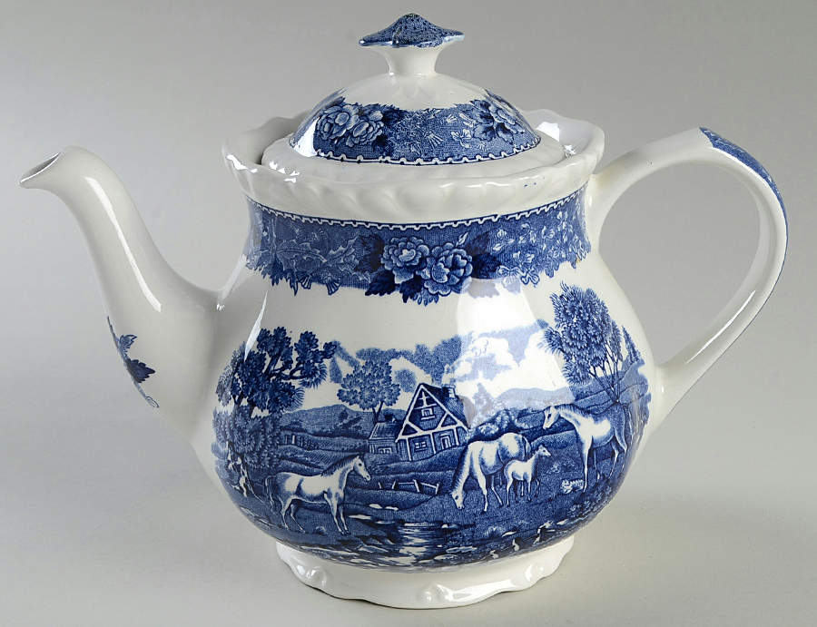 English Scenic Blue (Scalloped) Teapot & Lid by Adams China-1