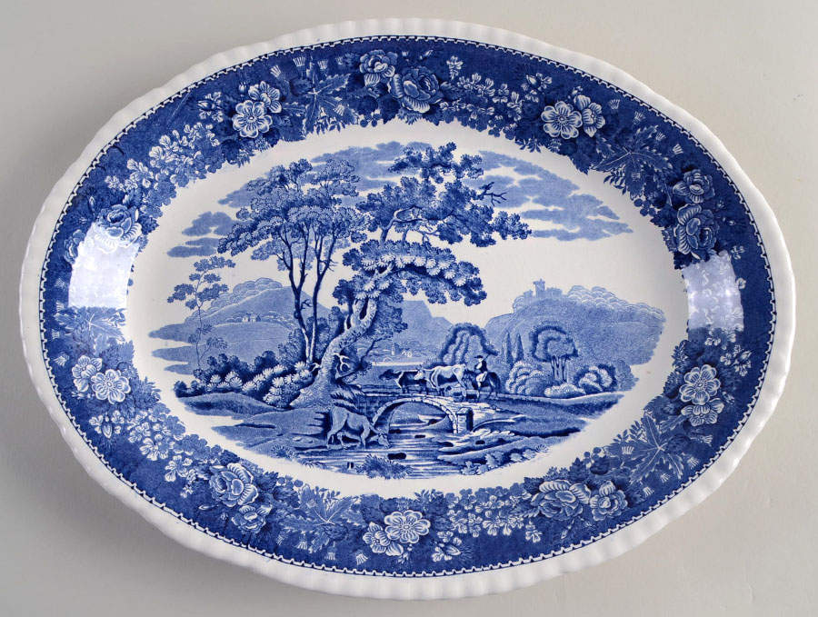 English Scenic Blue (Scalloped) 14" Oval Serving Platter by Adams China-1