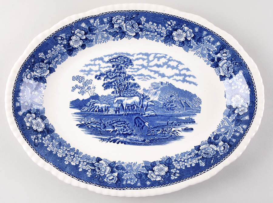 English Scenic Blue (Scalloped) 14" Oval Serving Platter by Adams China-1