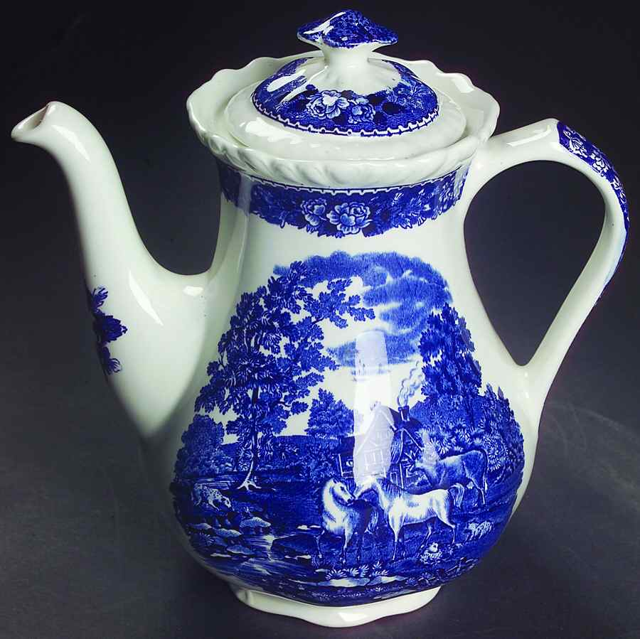 English Scenic Blue (Scalloped) Coffee Pot & Lid by Adams China-1