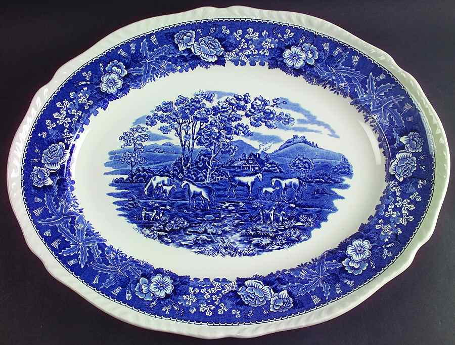 English Scenic Blue (Scalloped) 17" Oval Serving Platter by Adams China-1