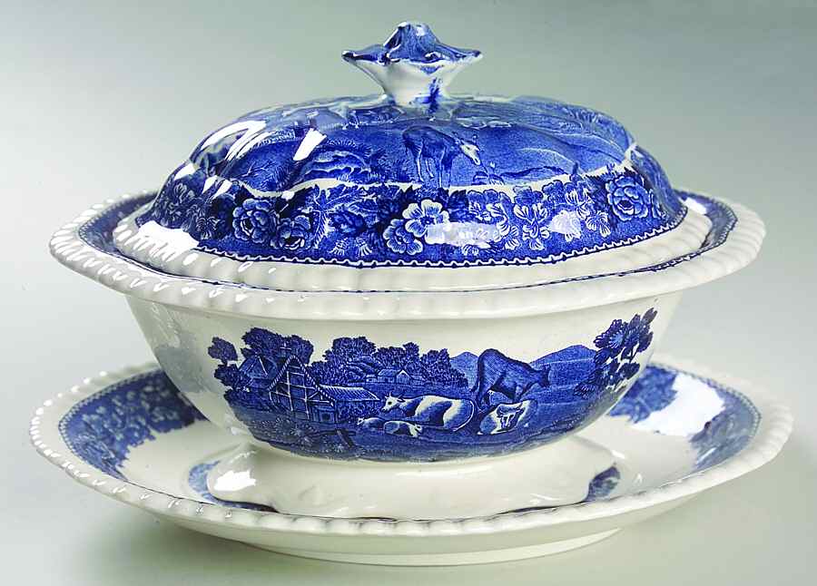 English Scenic Blue (Scalloped) Sauce Boat & Lid with Underplate by Adams China-1