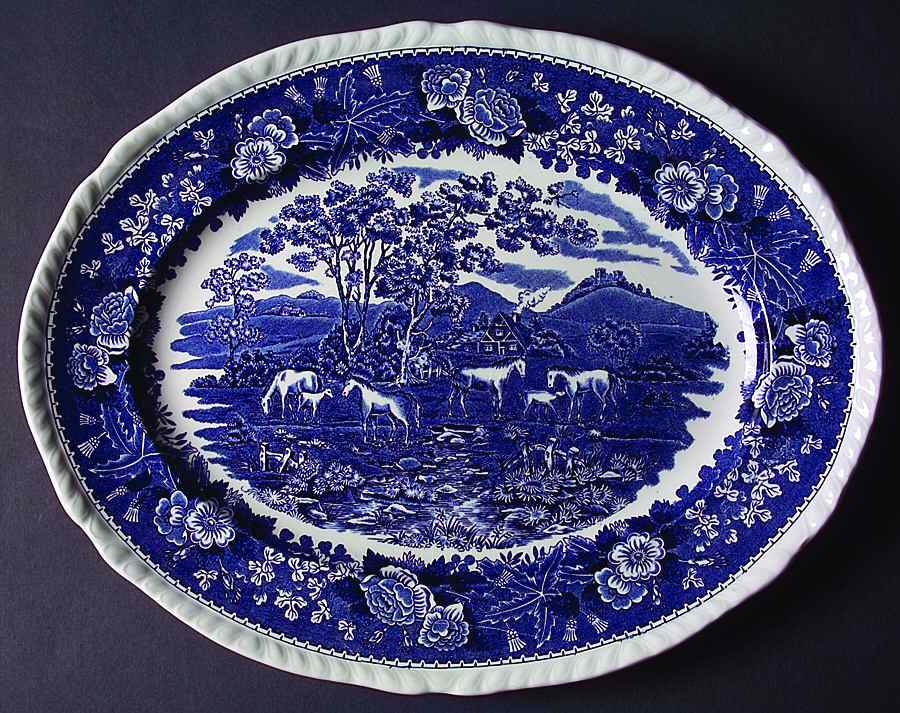 English Scenic Blue (Scalloped) 15" Oval Serving Platter by Adams China-1