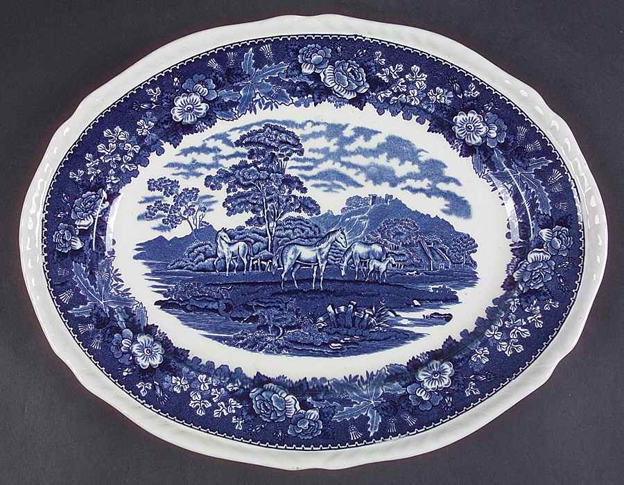 English Scenic Blue (Scalloped) 13" Oval Serving Platter by Adams China-1