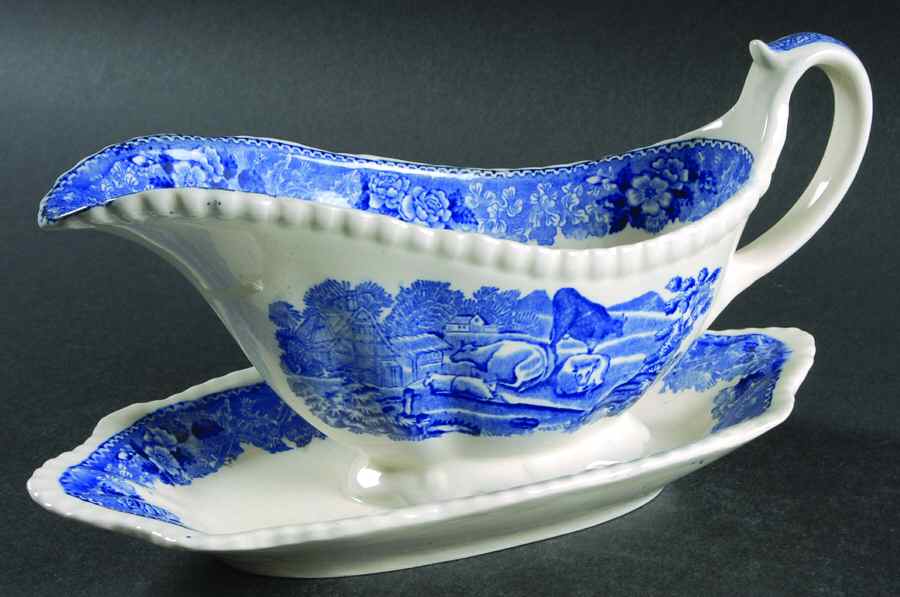 English Scenic Blue (Scalloped) Gravy Boat with Attached Underplate by Adams China-1