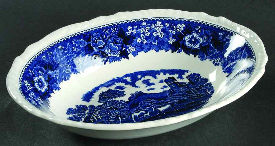 English Scenic Blue (Scalloped) 9" Oval Vegetable Bowl by Adams China-1