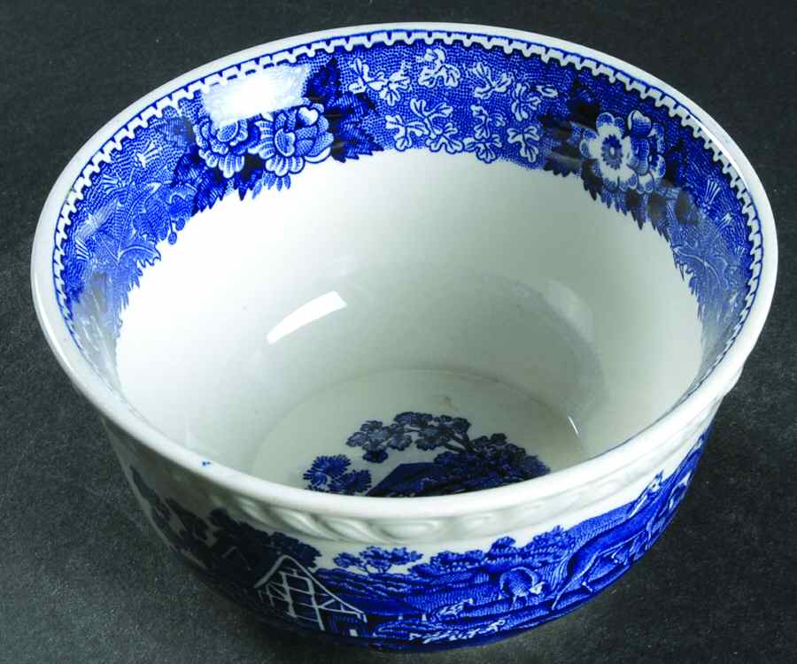 English Scenic Blue (Scalloped) Cranberry Bowl by Adams China-1