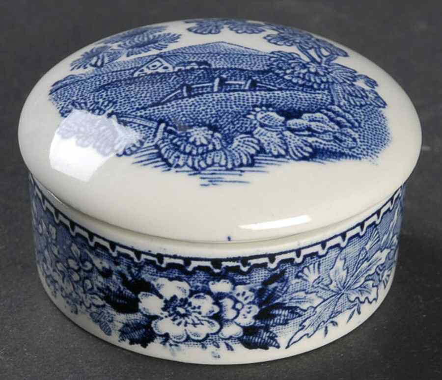 English Scenic Blue (Scalloped) 1" Round Box & Lid by Adams China-1