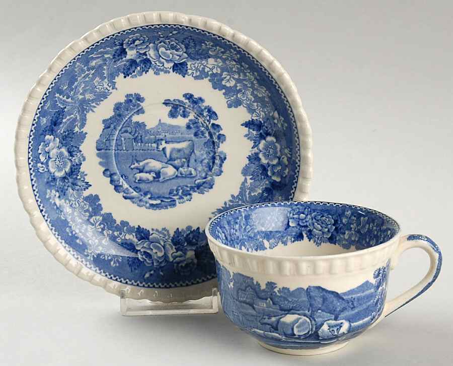 English Scenic Blue (Scalloped) Flat Cup & Saucer Set by Adams China-1