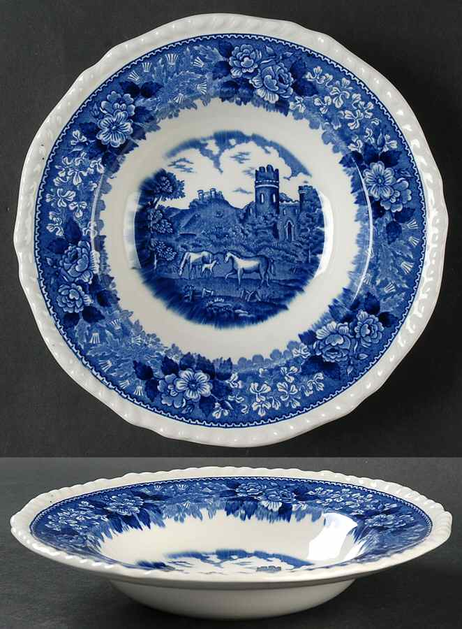 English Scenic Blue (Scalloped) Rim Soup Bowl by Adams China-1