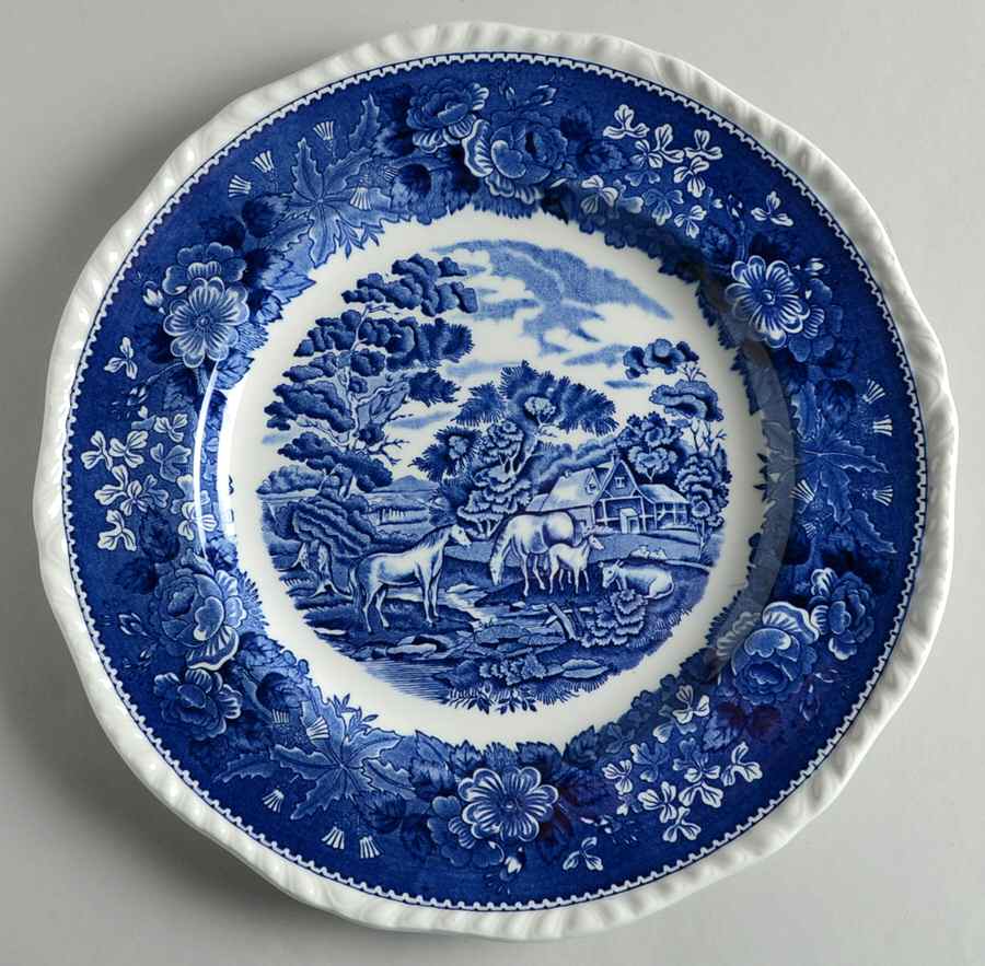 English Scenic Blue (Scalloped) Dinner Plate by Adams China-1