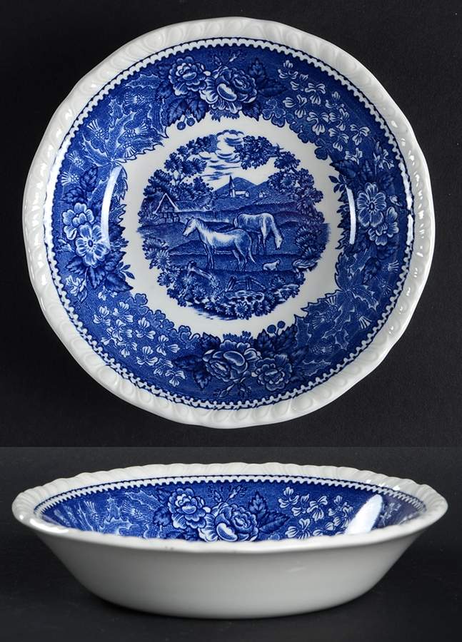 English Scenic Blue (Scalloped) Fruit/Dessert (Sauce) Bowl by Adams China-1