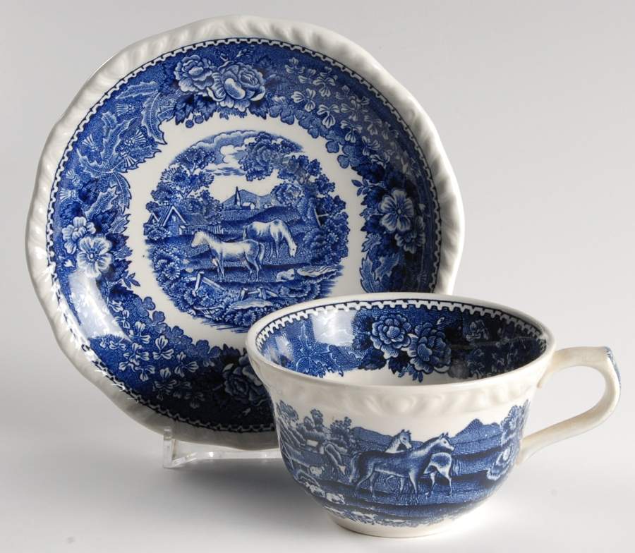 English Scenic Blue (Scalloped) Flat Cup & Saucer Set by Adams China-1
