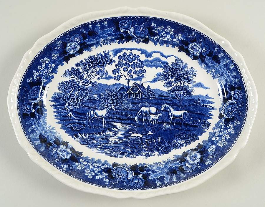 English Scenic Blue (Scalloped) 11" Oval Serving Platter by Adams China-1