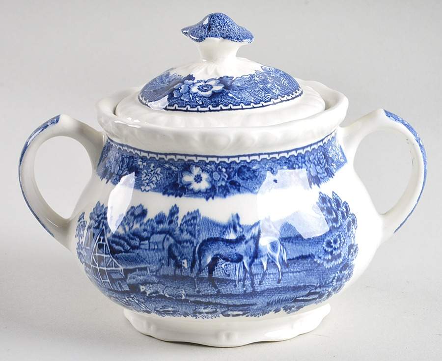 English Scenic Blue (Scalloped) Sugar Bowl & Lid by Adams China-1