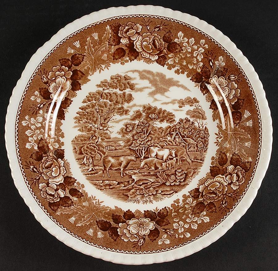 English Scenic Brown (Scalloped) Dinner Plate by Adams China-1