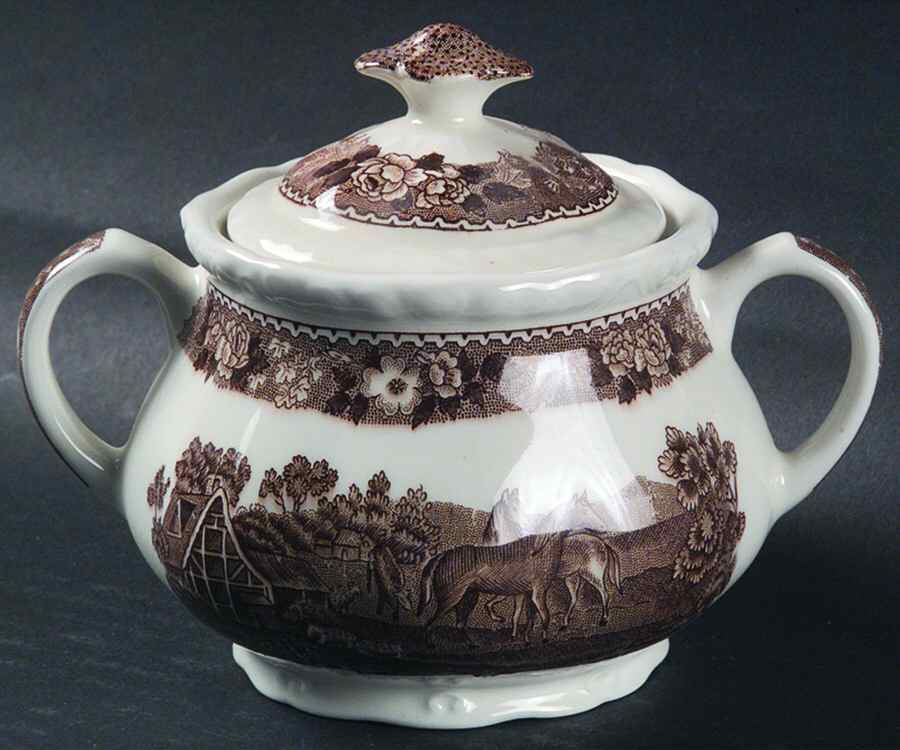 English Scenic Brown (Scalloped) Sugar Bowl & Lid by Adams China-1