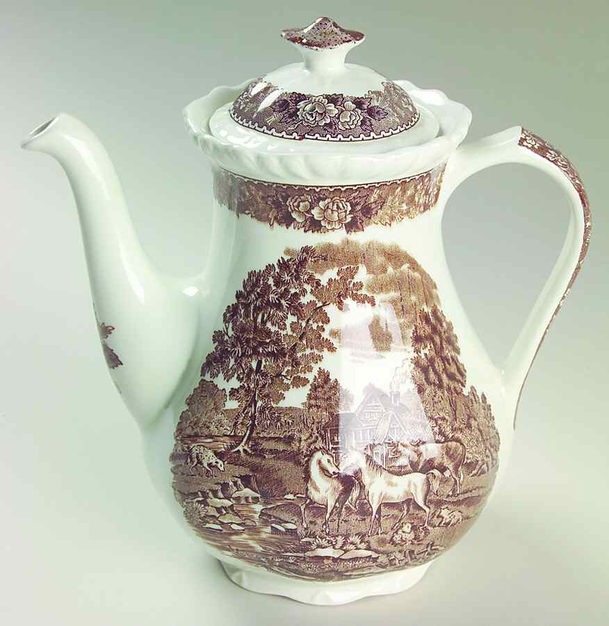English Scenic Brown (Scalloped) Small Coffee Pot & Lid by Adams China-1