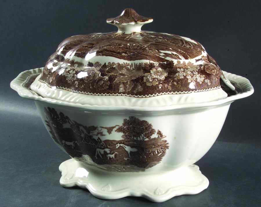 English Scenic Brown (Scalloped) Tureen &  Lid by Adams China-1