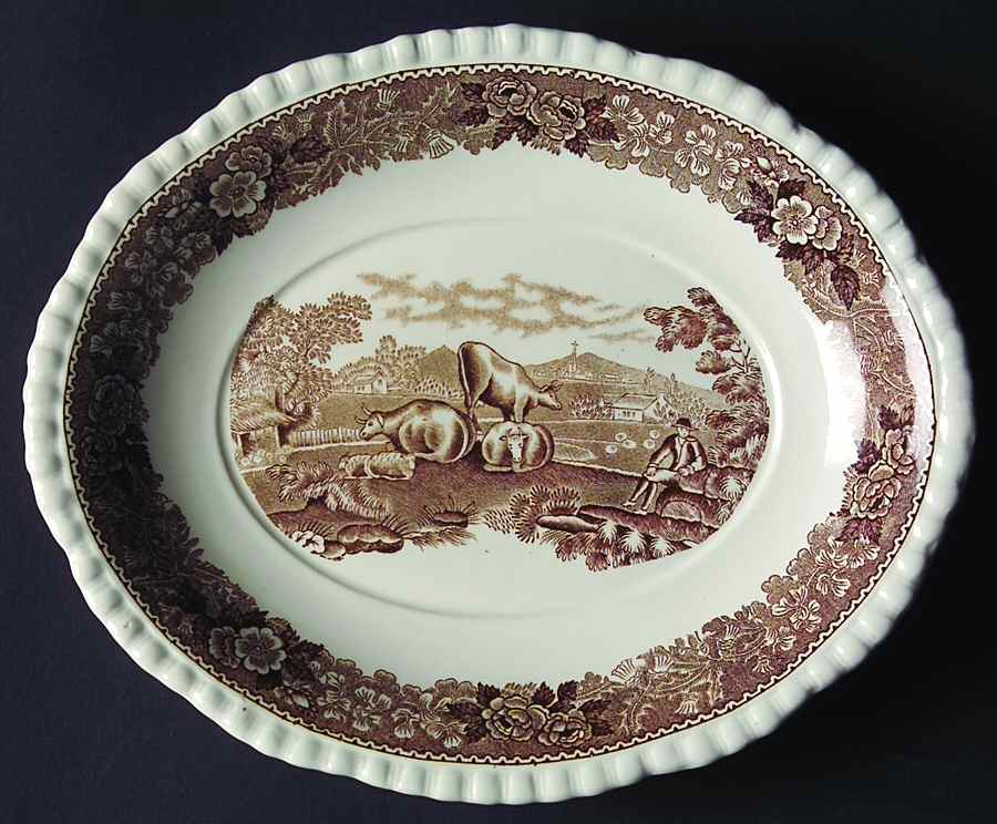 English Scenic Brown (Scalloped) Underplate for Sauce Boat by Adams China-1