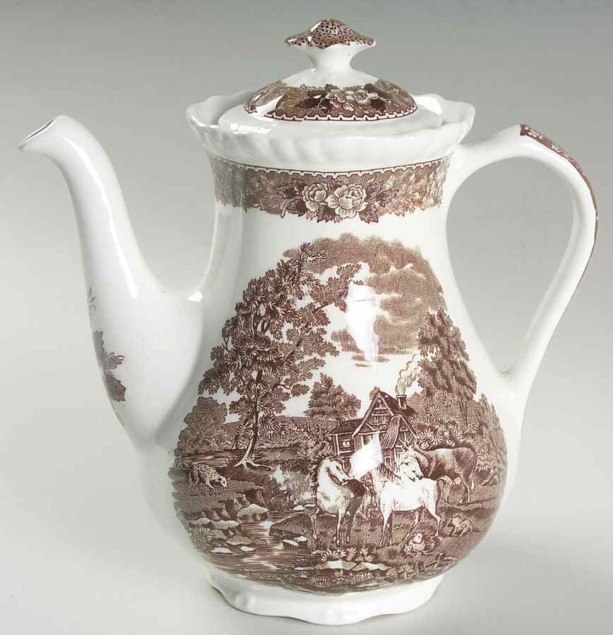English Scenic Brown (Scalloped) Coffee Pot & Lid by Adams China-1