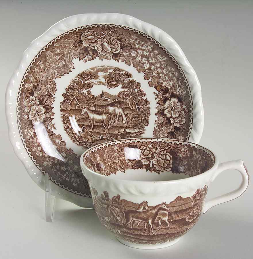 English Scenic Brown (Scalloped) Flat Cup & Saucer Set by Adams China-1