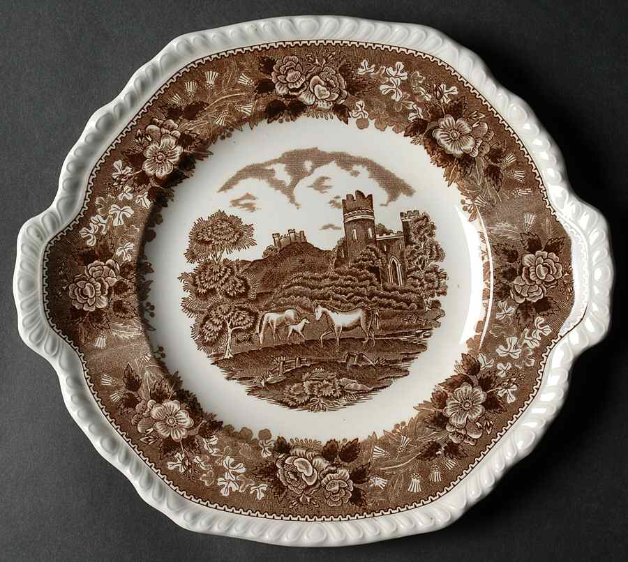 English Scenic Brown (Scalloped) Handled Cake Plate by Adams China-1