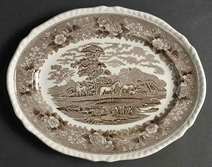 English Scenic Brown (Scalloped) 13" Oval Serving Platter by Adams China-1