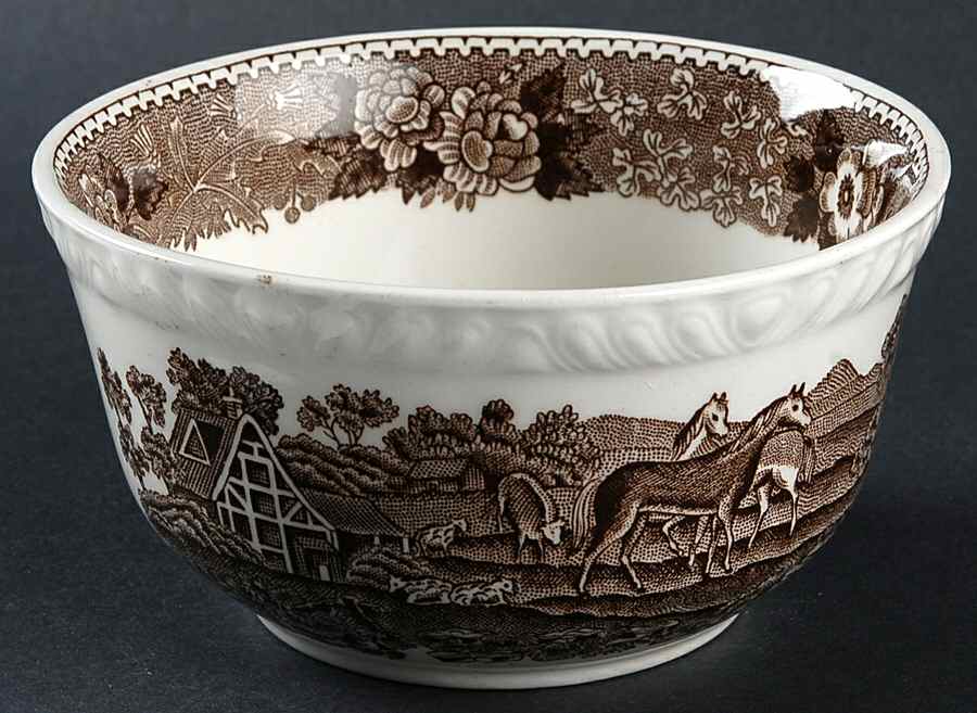 English Scenic Brown (Scalloped) Cranberry Bowl by Adams China-1