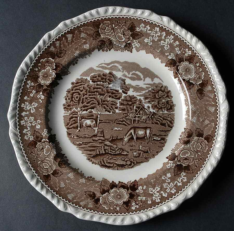 English Scenic Brown (Scalloped) Luncheon Plate by Adams China-1