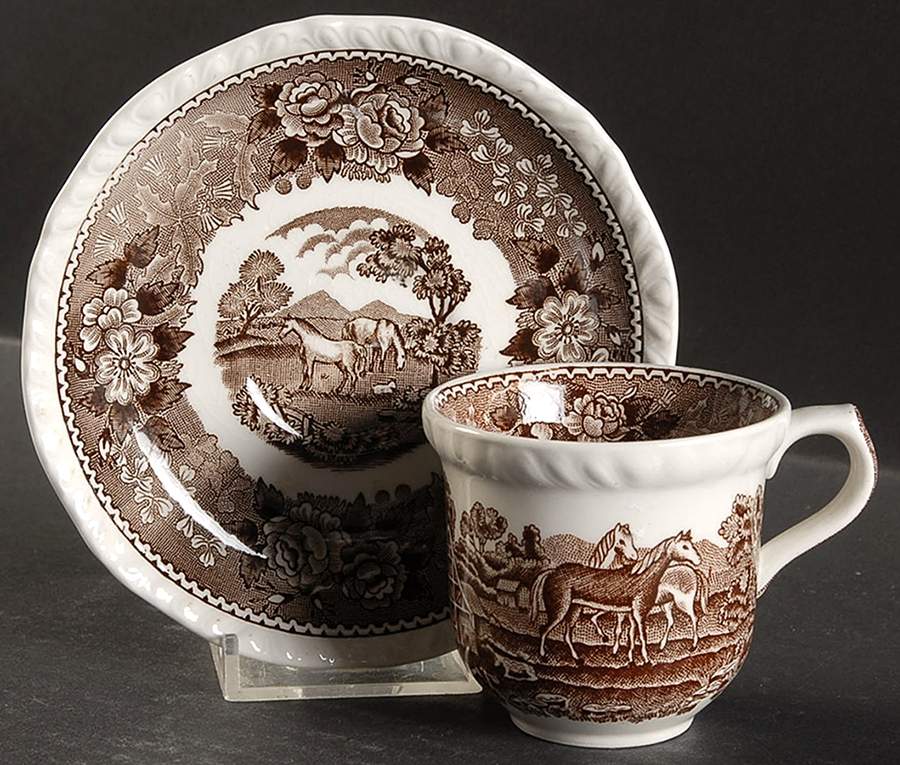 English Scenic Brown (Scalloped) Flat Demitasse Cup & Saucer Set by Adams China-1