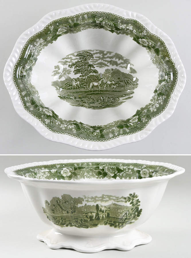 English Scenic Green (Scalloped) Tureen No Lid by Adams China-1