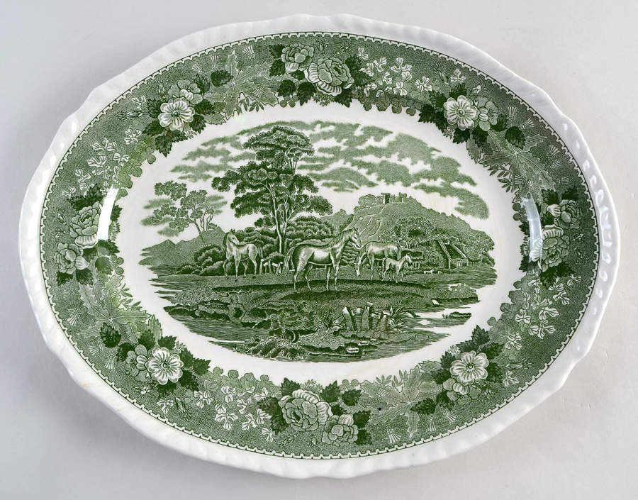 English Scenic Green (Scalloped) 13" Oval Serving Platter by Adams China-1