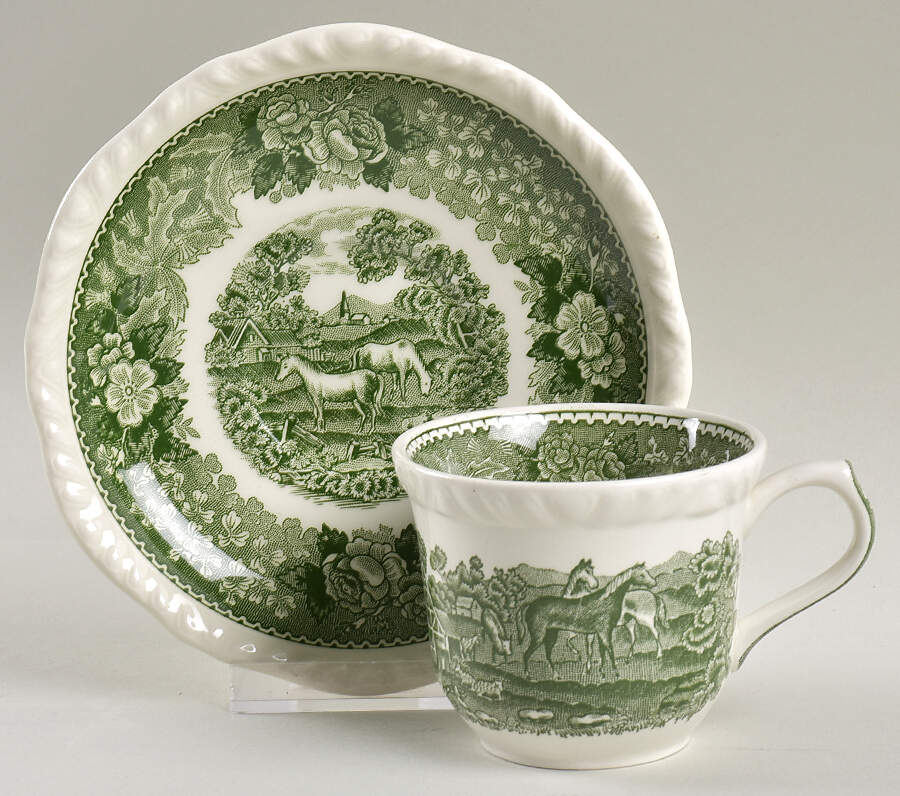 English Scenic Green (Scalloped) Flat Cup & Saucer Set by Adams China-1