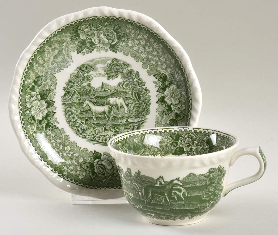 English Scenic Green (Scalloped) Flat Cup & Saucer Set by Adams China-1