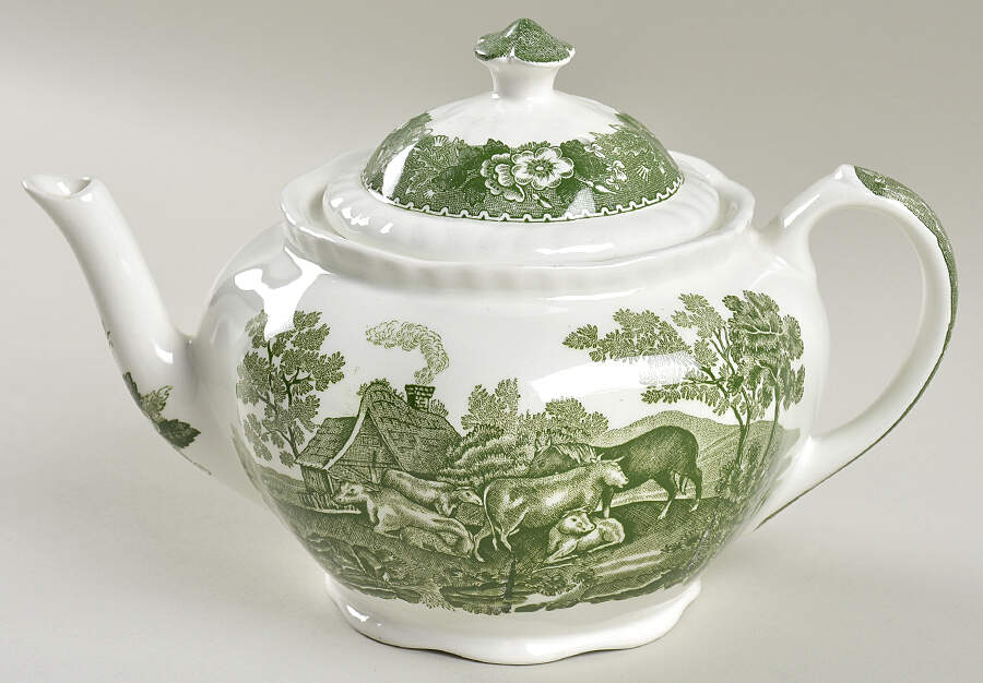 English Scenic Green (Scalloped) Teapot & Lid by Adams China-1