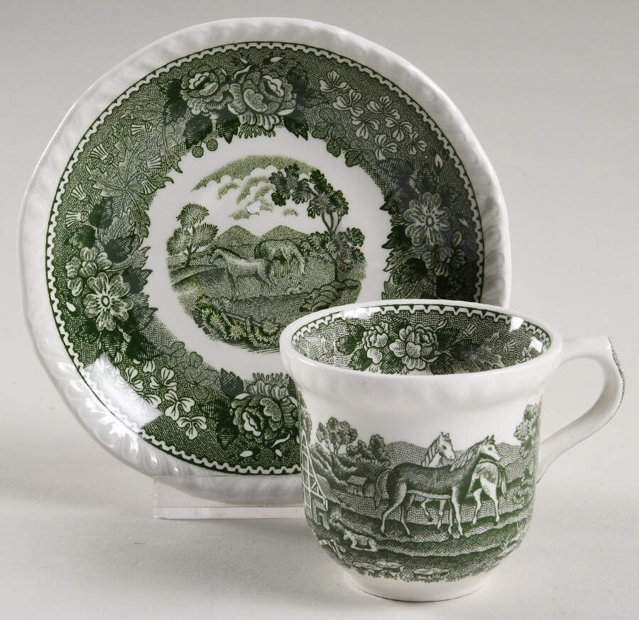 English Scenic Green (Scalloped) Flat Demitasse Cup & Saucer Set by Adams China-1