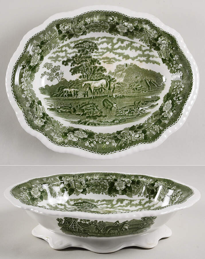 English Scenic Green (Scalloped) Oval Vegetable No Lid by Adams China-1