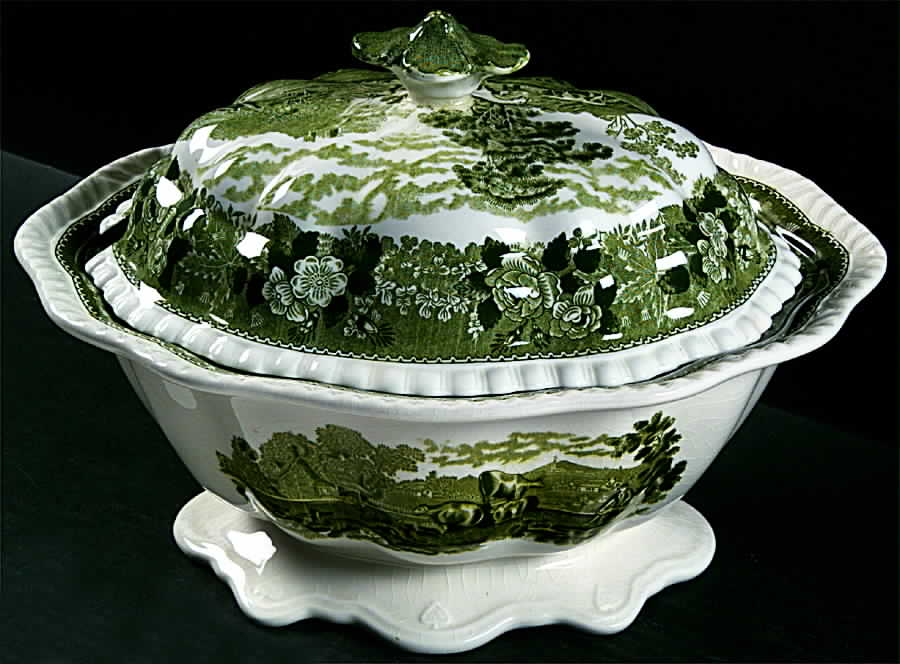 English Scenic Green (Scalloped) Tureen &  Lid by Adams China-1