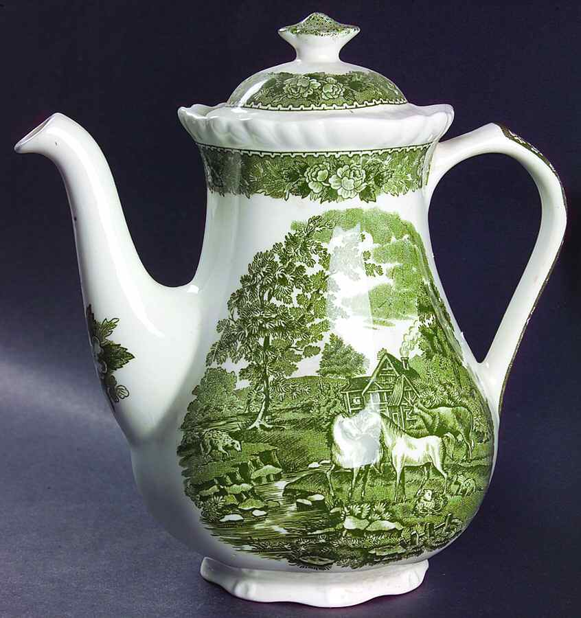 English Scenic Green (Scalloped) Mini Coffee Pot & Lid by Adams China-1