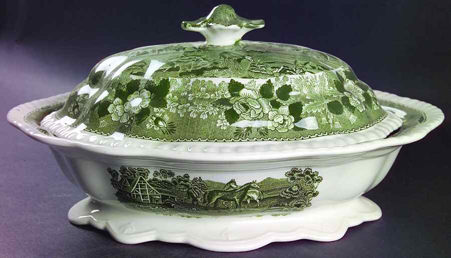 English Scenic Green (Scalloped) Oval Covered Vegetable by Adams China-1