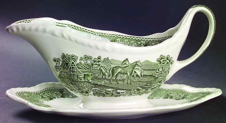 English Scenic Green (Scalloped) Gravy Boat with Attached Underplate by Adams China-1