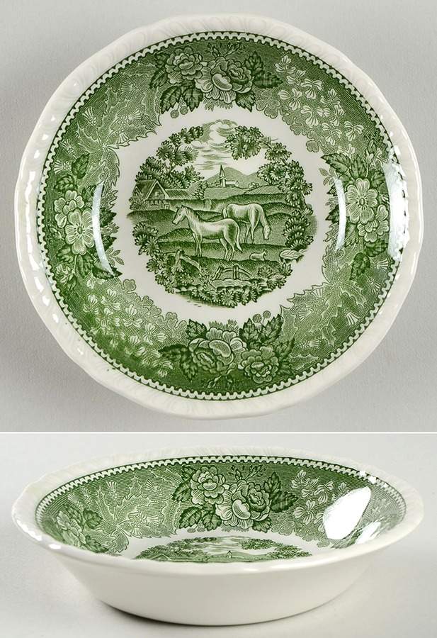 English Scenic Green (Scalloped) Fruit/Dessert (Sauce) Bowl by Adams China-1