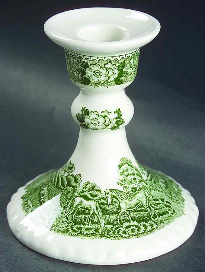 English Scenic Green (Scalloped) Small Candlestick by Adams China-1