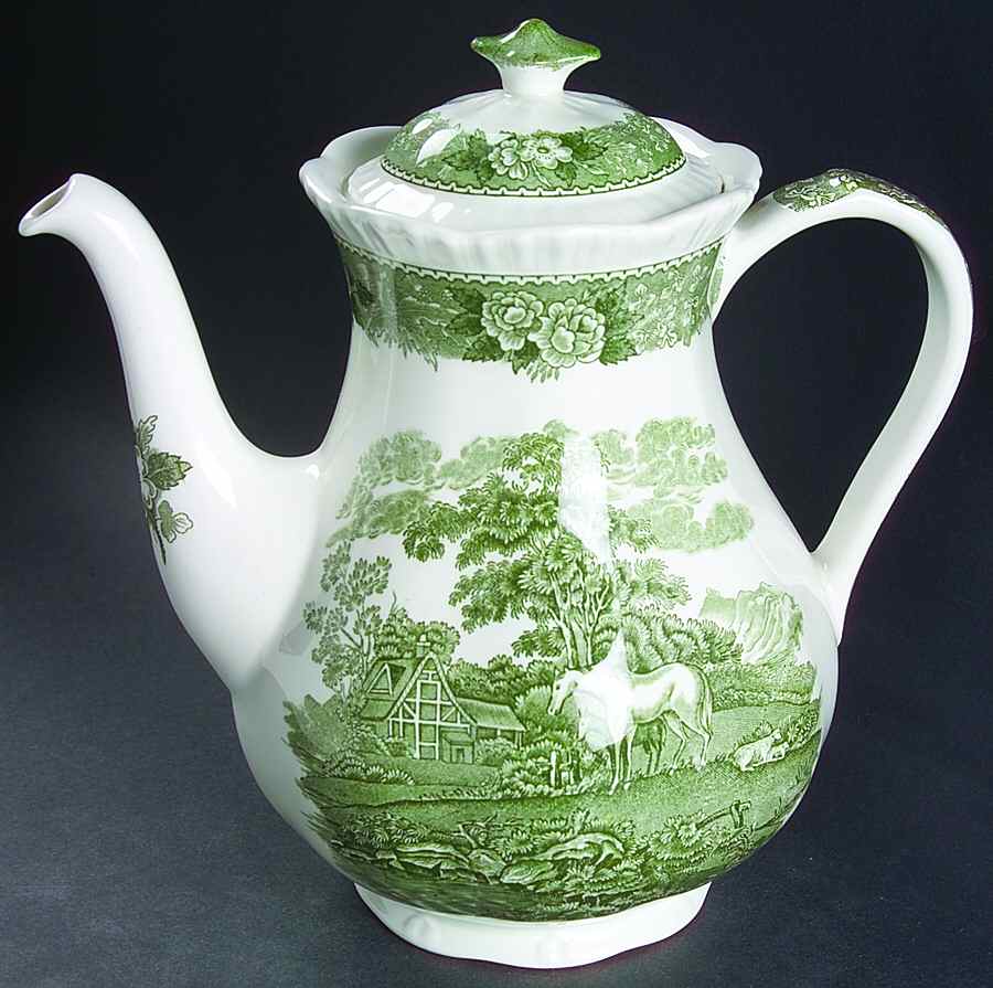English Scenic Green (Scalloped) Coffee Pot & Lid by Adams China-1