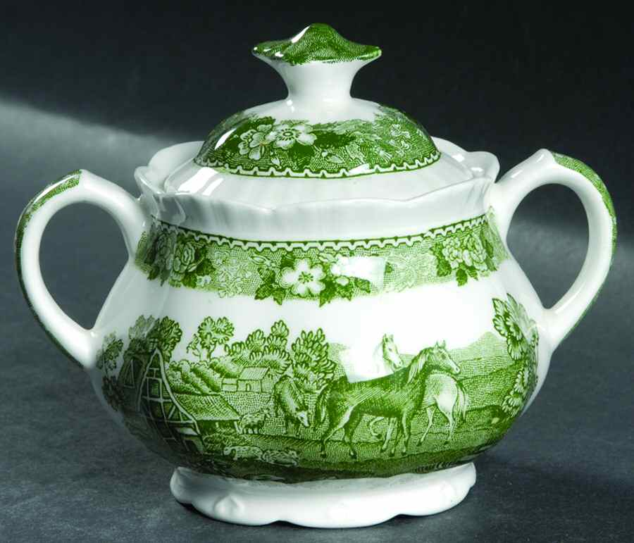 English Scenic Green (Scalloped) Sugar Bowl & Lid by Adams China-1