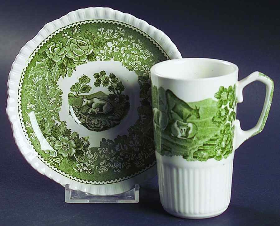 English Scenic Green (Scalloped) Irish Coffee Cup and Saucer Set by Adams China-1