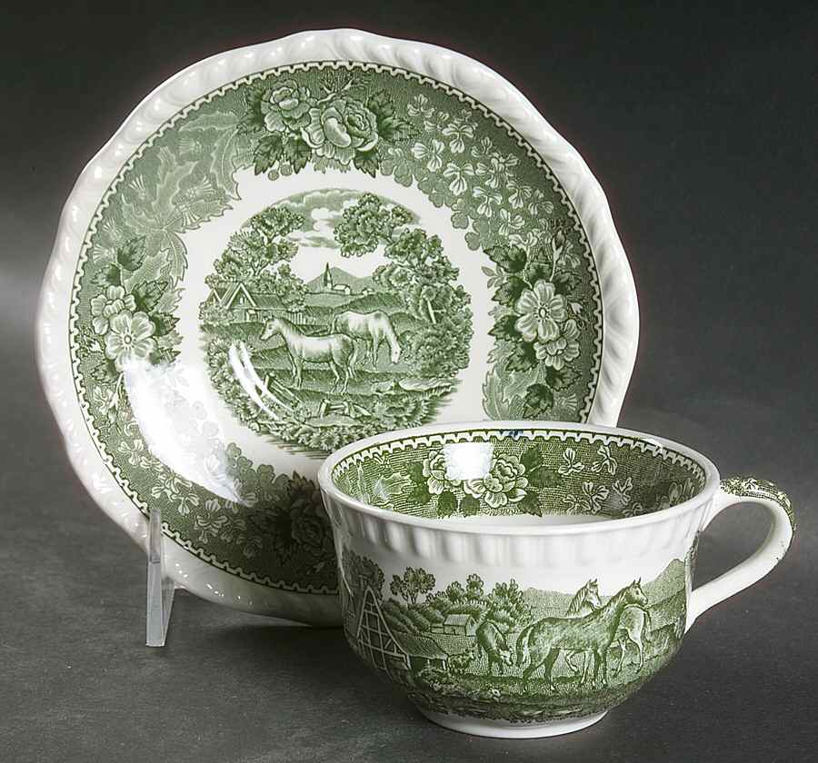 English Scenic Green (Scalloped) Flat Cup & Saucer Set by Adams China-1