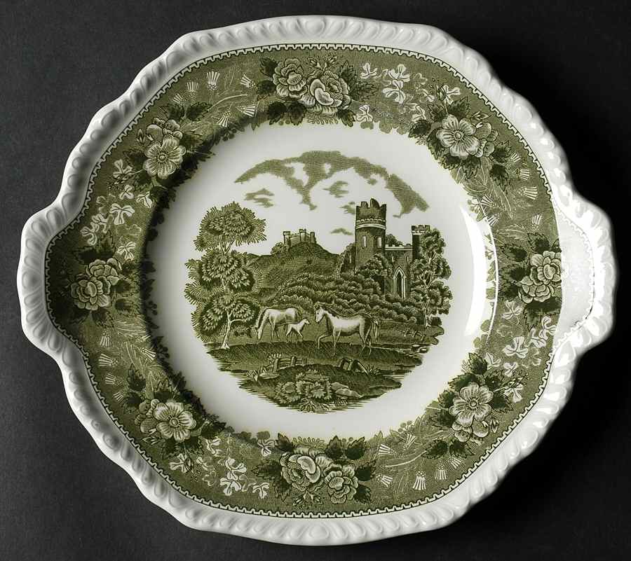 English Scenic Green (Scalloped) Handled Cake Plate by Adams China-1