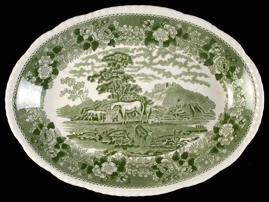 English Scenic Green (Scalloped) 12" Oval Serving Platter by Adams China-1